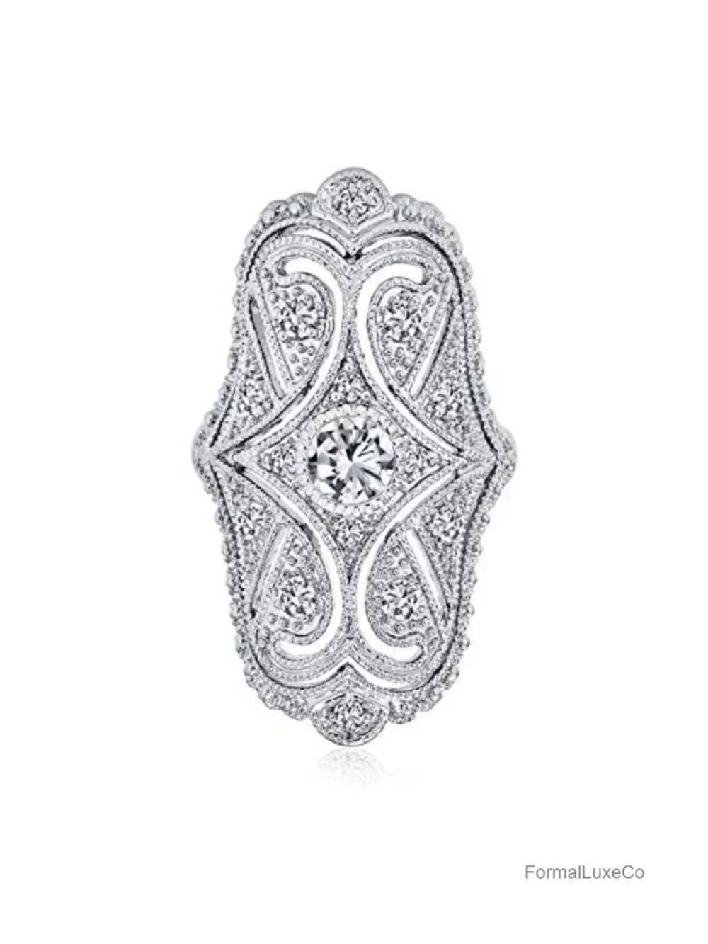 Art Deco CZ Wide Armor Full Finger Statement Ring Rhodium
